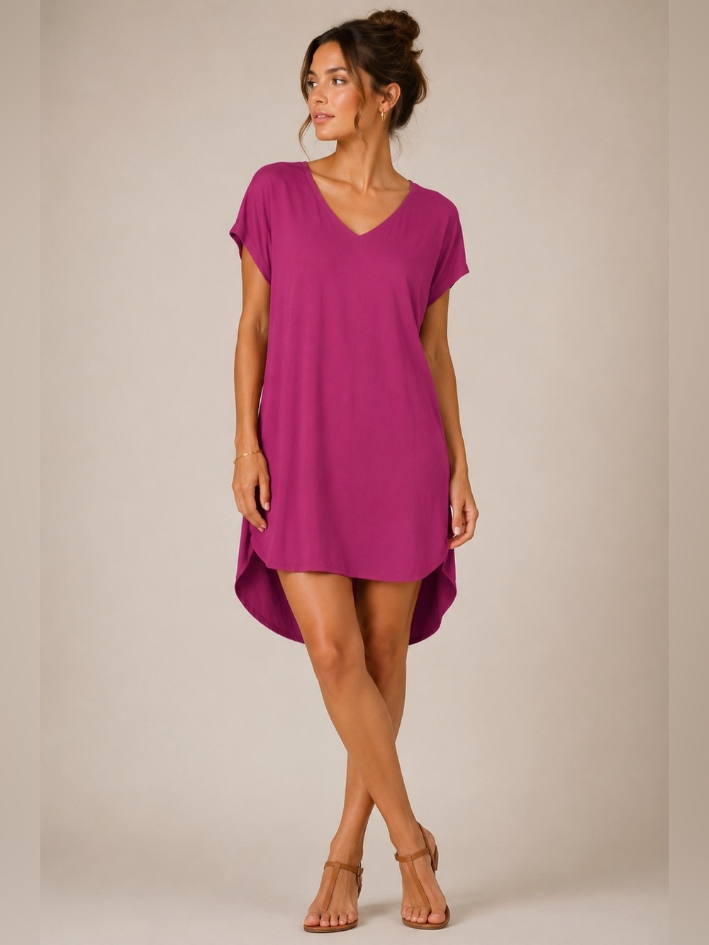 Bella Dahl Magenta Rayon T-Shirt Dress V-Neck Hi-Low Hem Casual Coastal Chic S